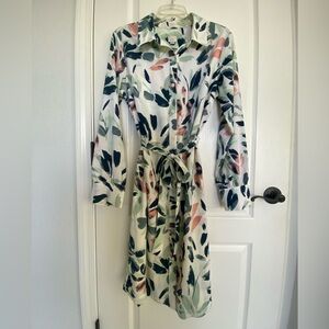a new day Cream Floral-Print Long Sleeve Shirt Dress with Tie #springdress